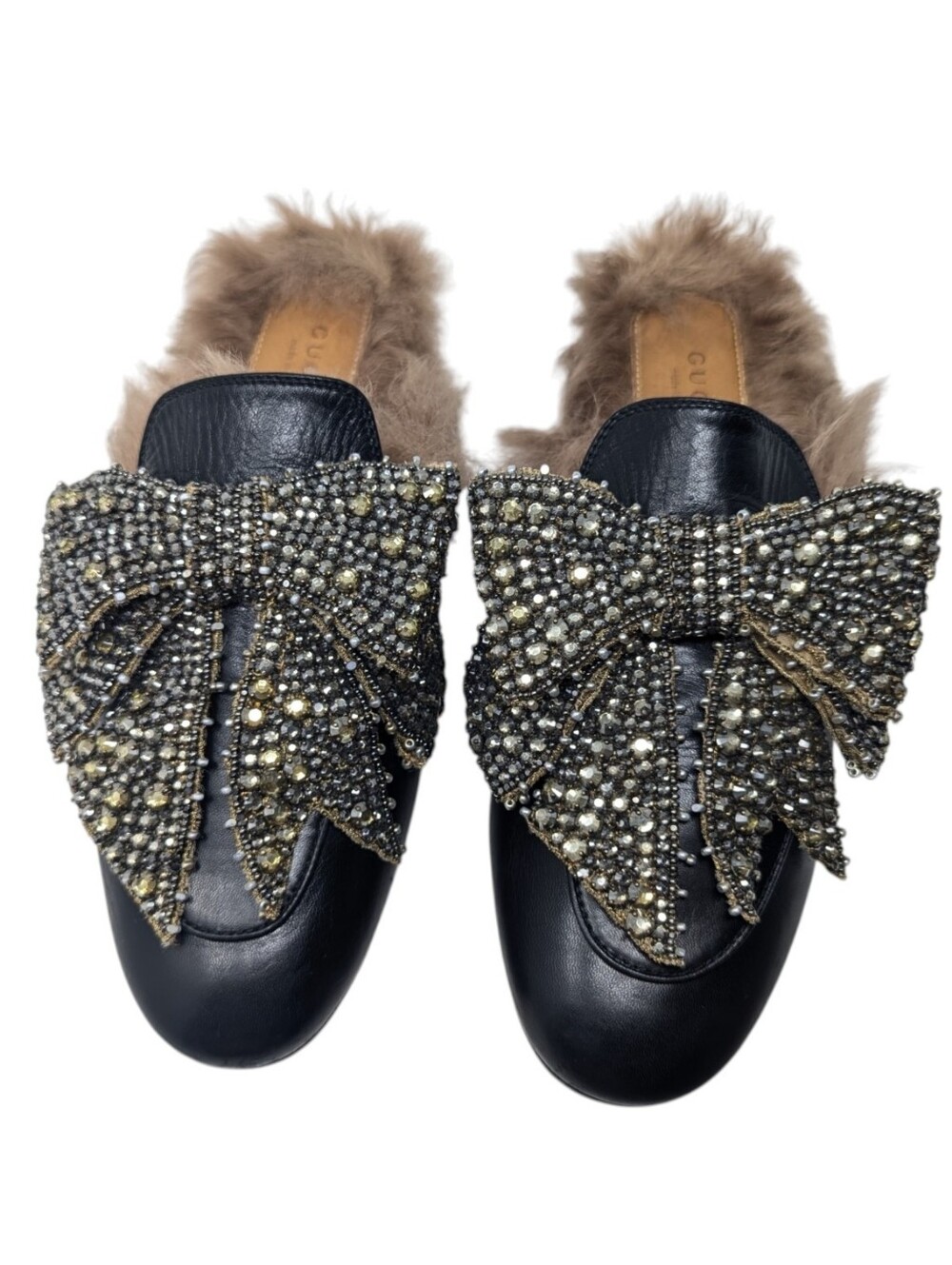 Gucci Fur Malaga Kid Black Leather Princetown Crystal Bow Mule Loafers Size 38